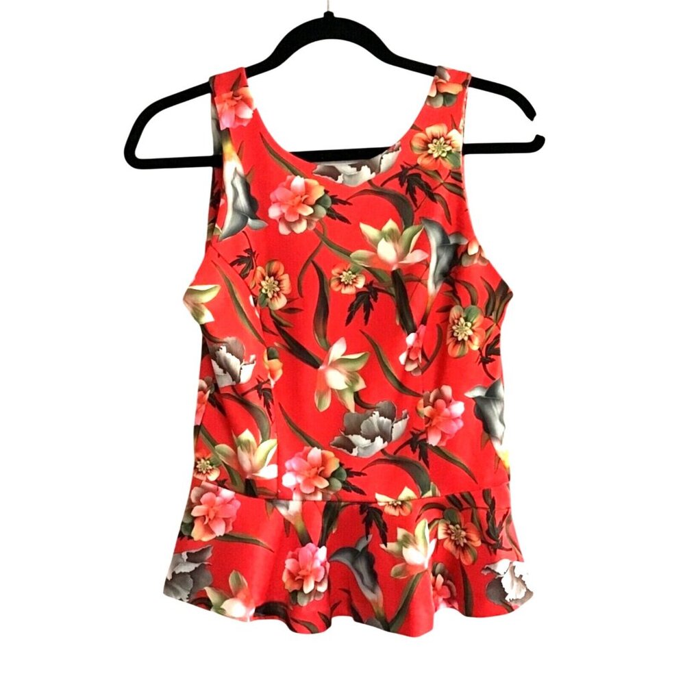 ALEXIA ADMOR- WOMENS RED FLORAL PREPLUM ZIP-UP CLOSURE TOP SIZE SMALL